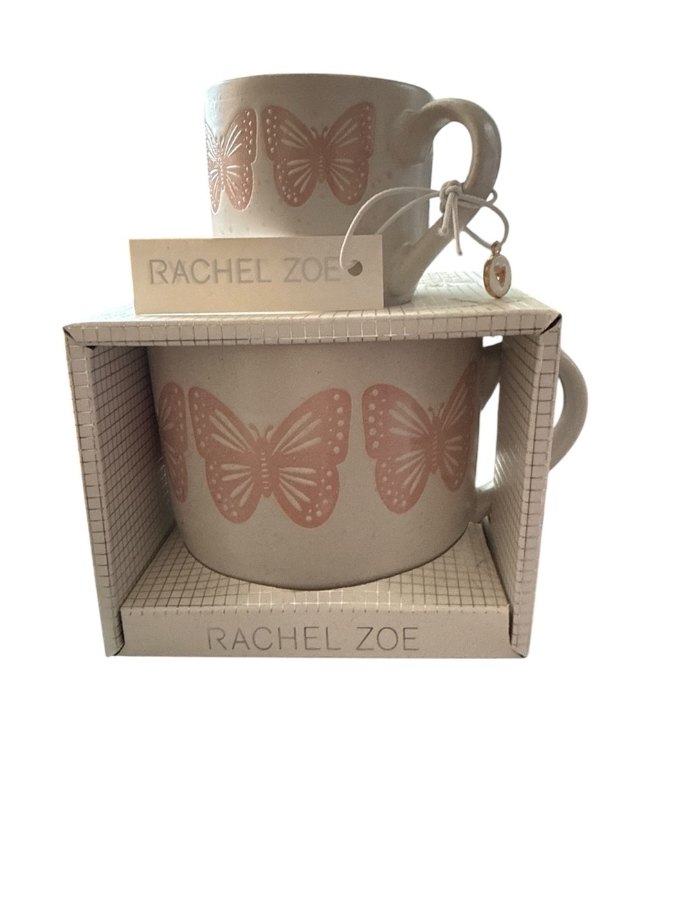 Rachel Zoe Ceramic Mug and Cup Set with Pink Butterfly Motif
